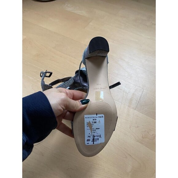 NINE West "Pruce" silver glitter block heel ankle strap Women NEW sandal - Picture 8 of 9